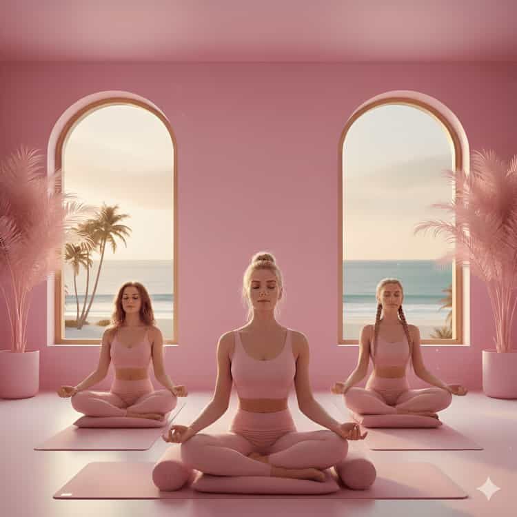 Three women meditating during a yoga class in a serene pink studio with ocean views in Dubai
