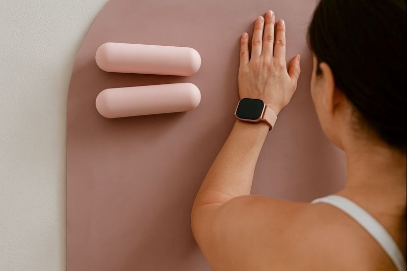 Woman reaching for fitness accessories in a minimalist private gym setup, highlighting personalized workout experience