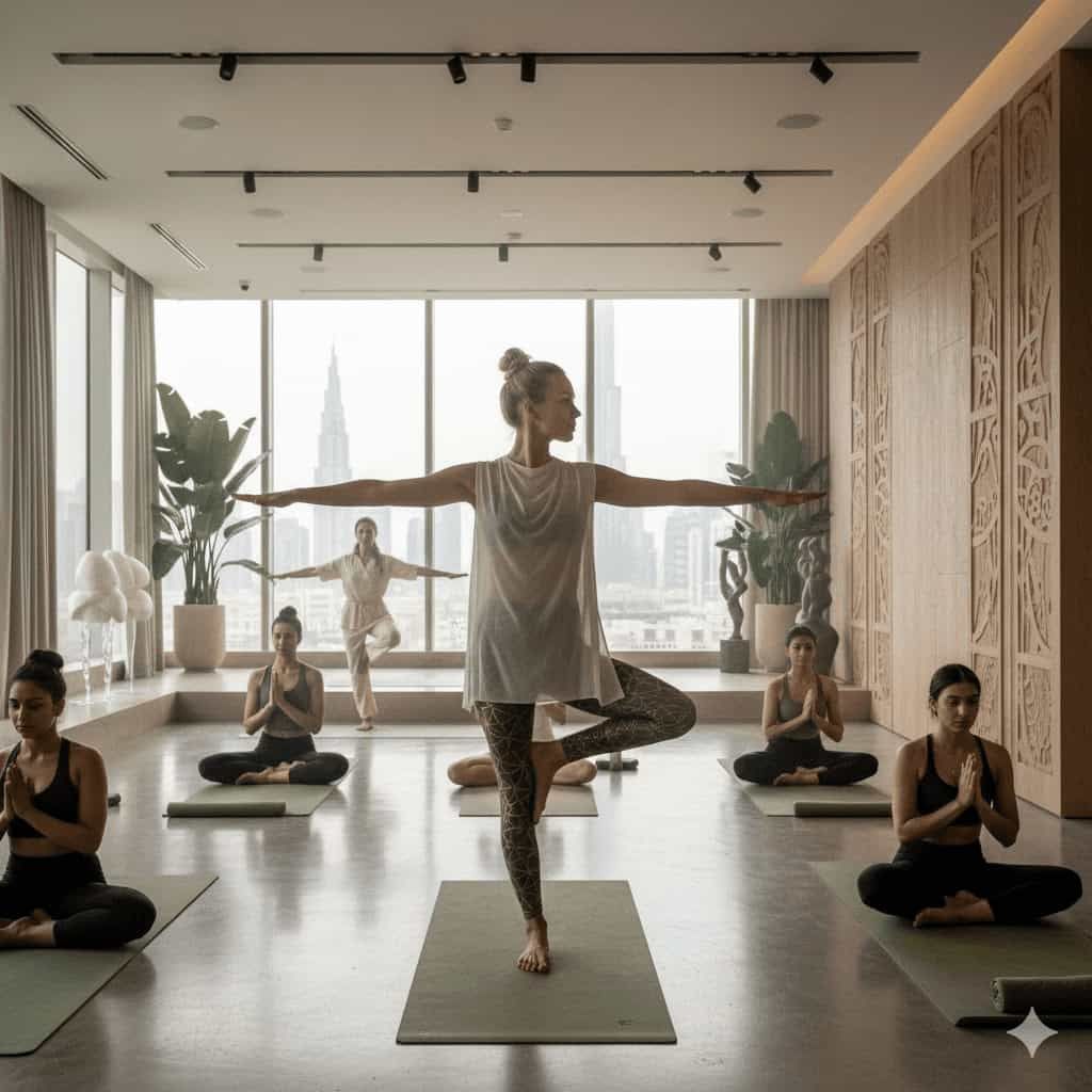 Yoga instructor leading a women’s class in a modern Dubai studio with city skyline views