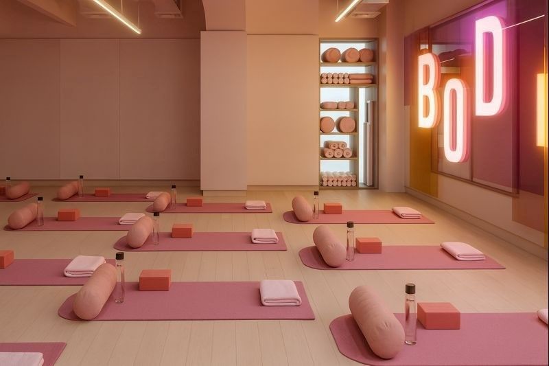 Private gym studio prepared for a small group class with yoga mats and equipment arranged neatly