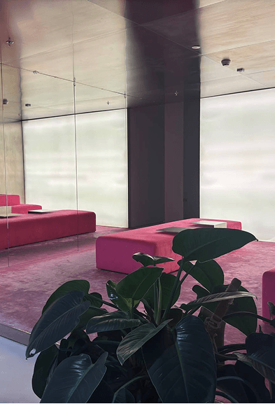 Minimalist pink waiting area with mirrored walls inside a luxury ladies-only gym in Downtown Dubai