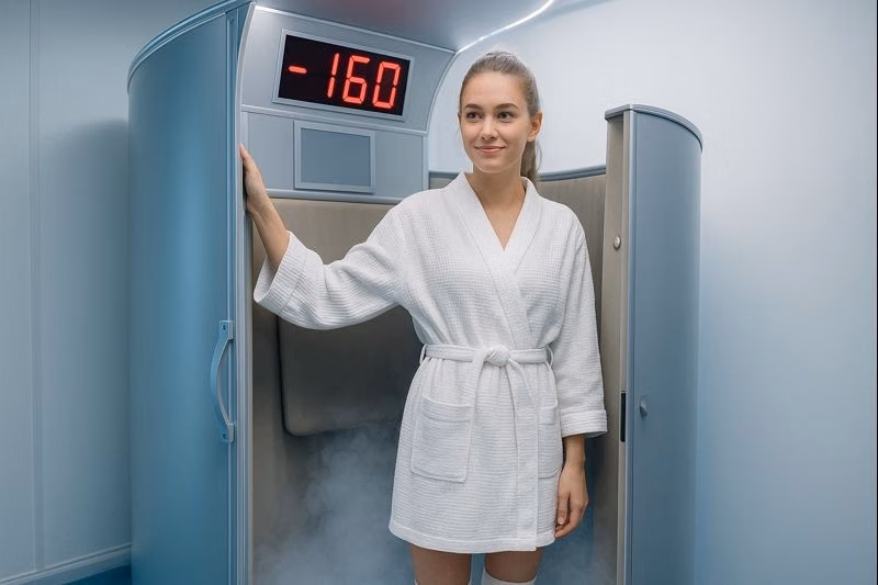Woman in a robe standing next to a cryotherapy machine with temperature display, preparing for treatment