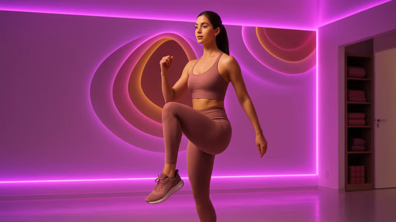 Fit woman doing high knee exercise during a HIIT workout in a modern studio with neon lighting