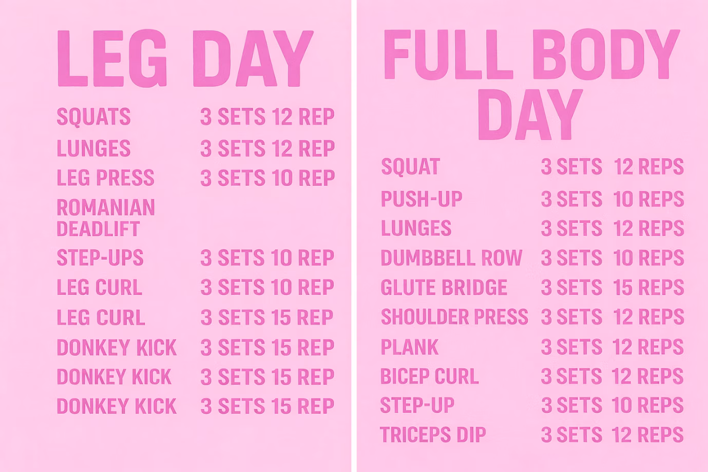 Strength training workout plan chart showing leg day and full body exercises with sets and repetitions