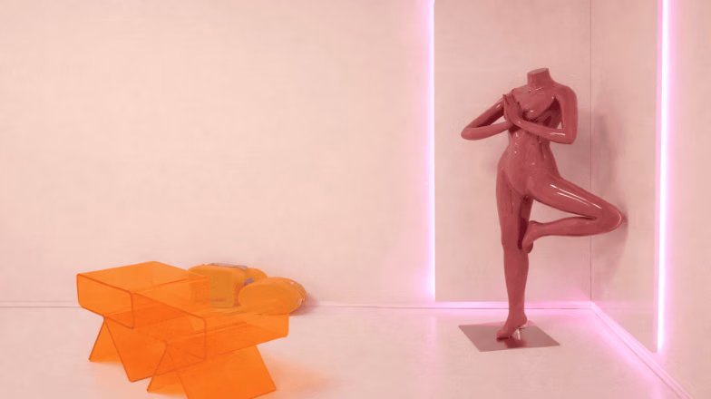 Woman performing a standing stretch pose next to yoga blocks in a minimal studio