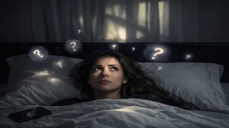 Woman lying in bed at night and looking at her phone with a worried expression
