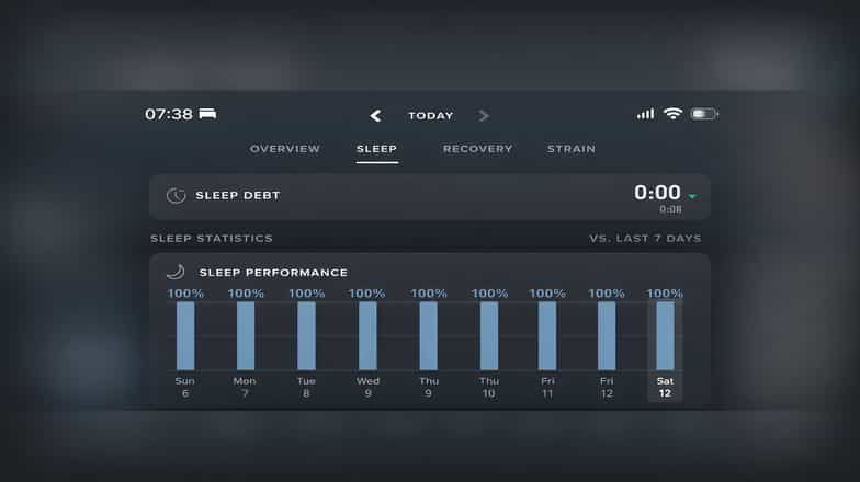 Sleep dashboard screen showing zero sleep debt and 100 percent sleep performance over the last seven days