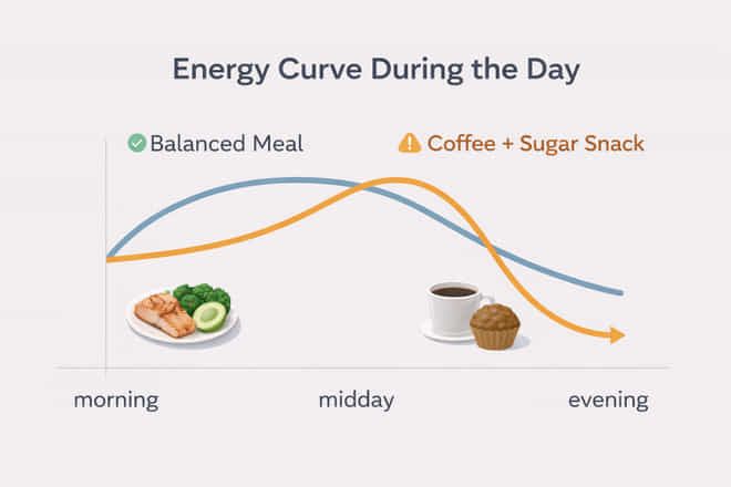 Chart comparing steady energy from a balanced meal with the spike and crash from coffee and a sugary snack during the day