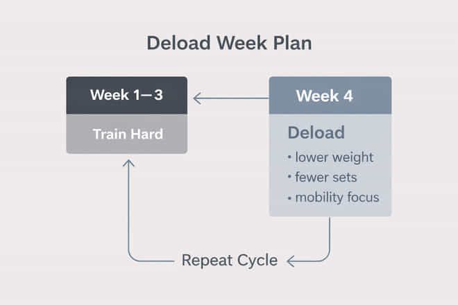Diagram showing a deload week plan with three weeks of hard training followed by one week of reduced intensity