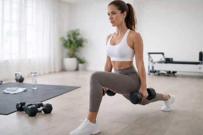 Woman performing a dumbbell lunge during a focused 30-minute strength workout in Dubai