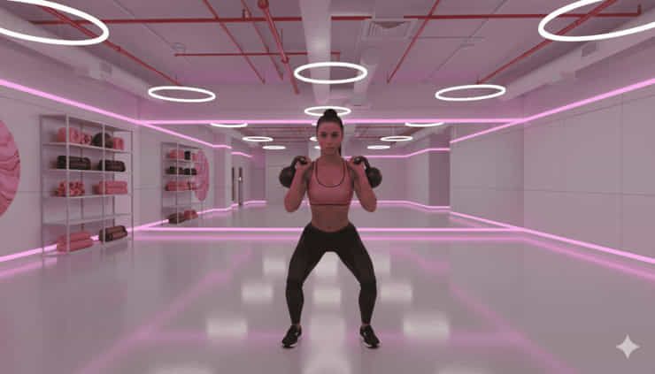 Woman performing a supported side stretch during a functional training session for lower back pain relief at a fitness studio in Dubai