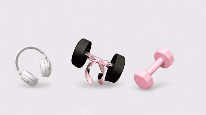 Modern smart gym equipment including wireless headphones and compact fitness weights for connected workouts