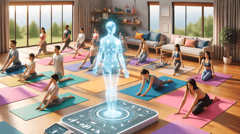Group fitness class in a smart gym using interactive digital trainer technology for guided workouts in Dubai
