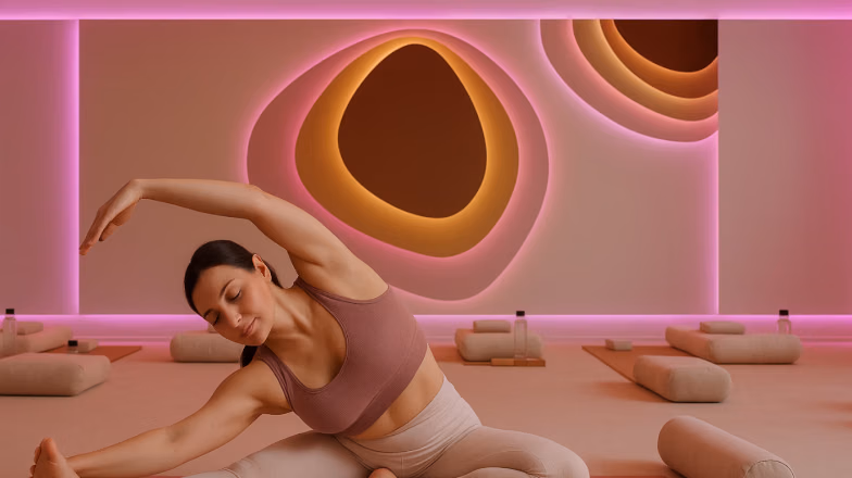 Woman performing a deep stretching pose in a modern fitness studio with warm lighting, improving flexibility and relaxation during a stretching class