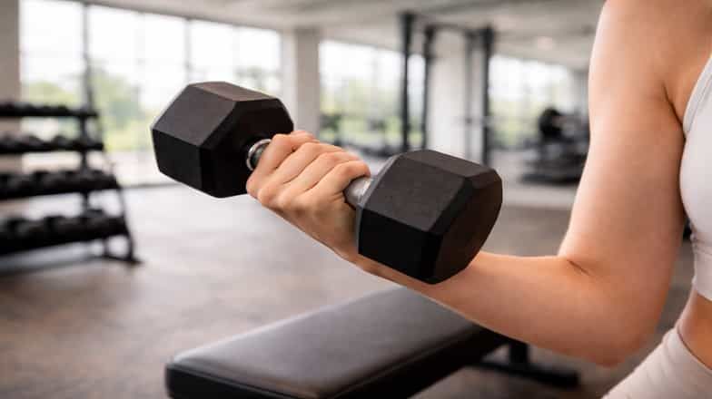 Woman lifting a dumbbell during an upper body strength workout