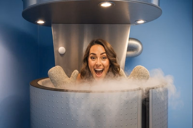 Woman reacting to intense cold during a cryotherapy treatment session, showing real experience of the process